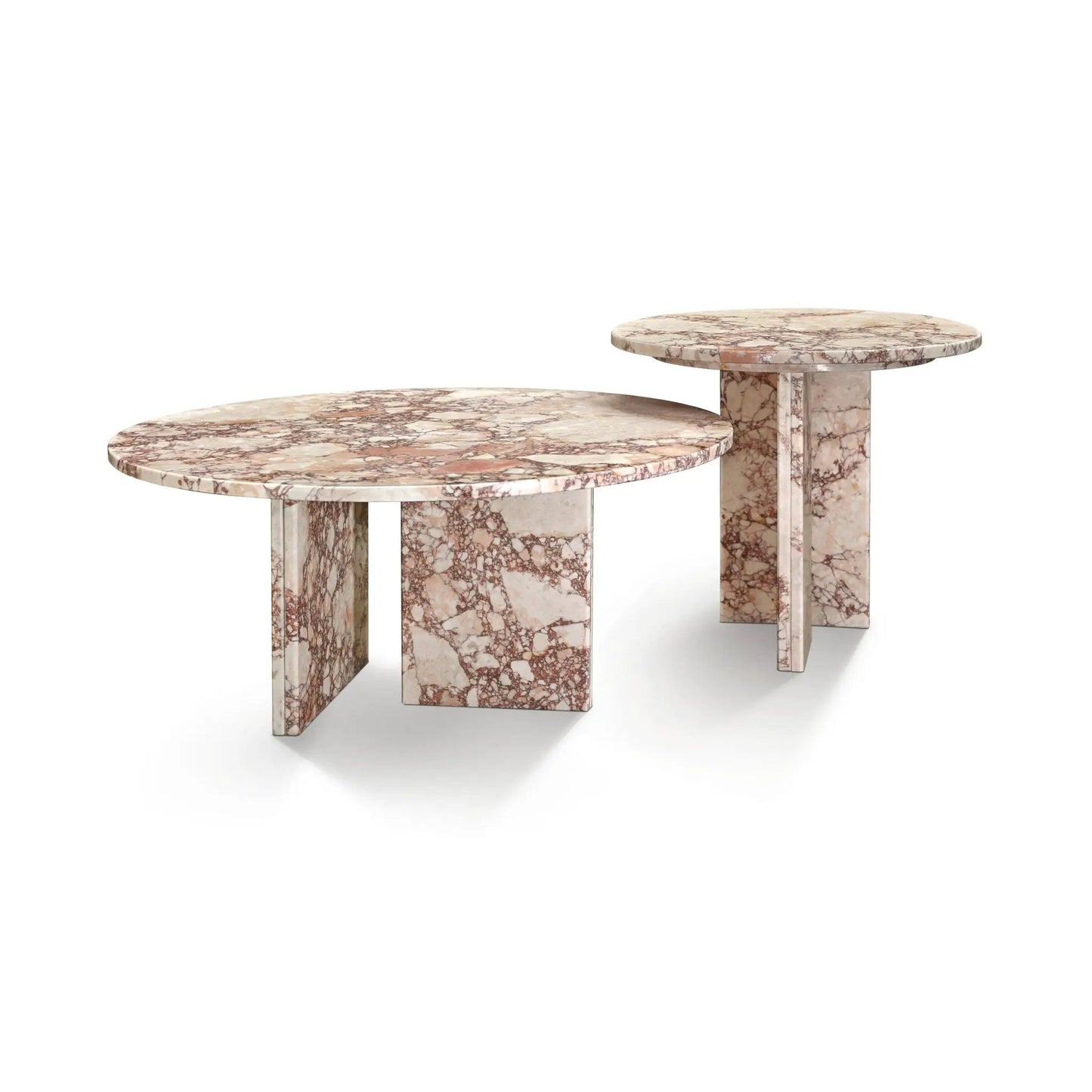 Elegant Coffee Duo Table Set, pair of round pink marble tables with chunky pedestal bases on Tampa Home & Garden Store