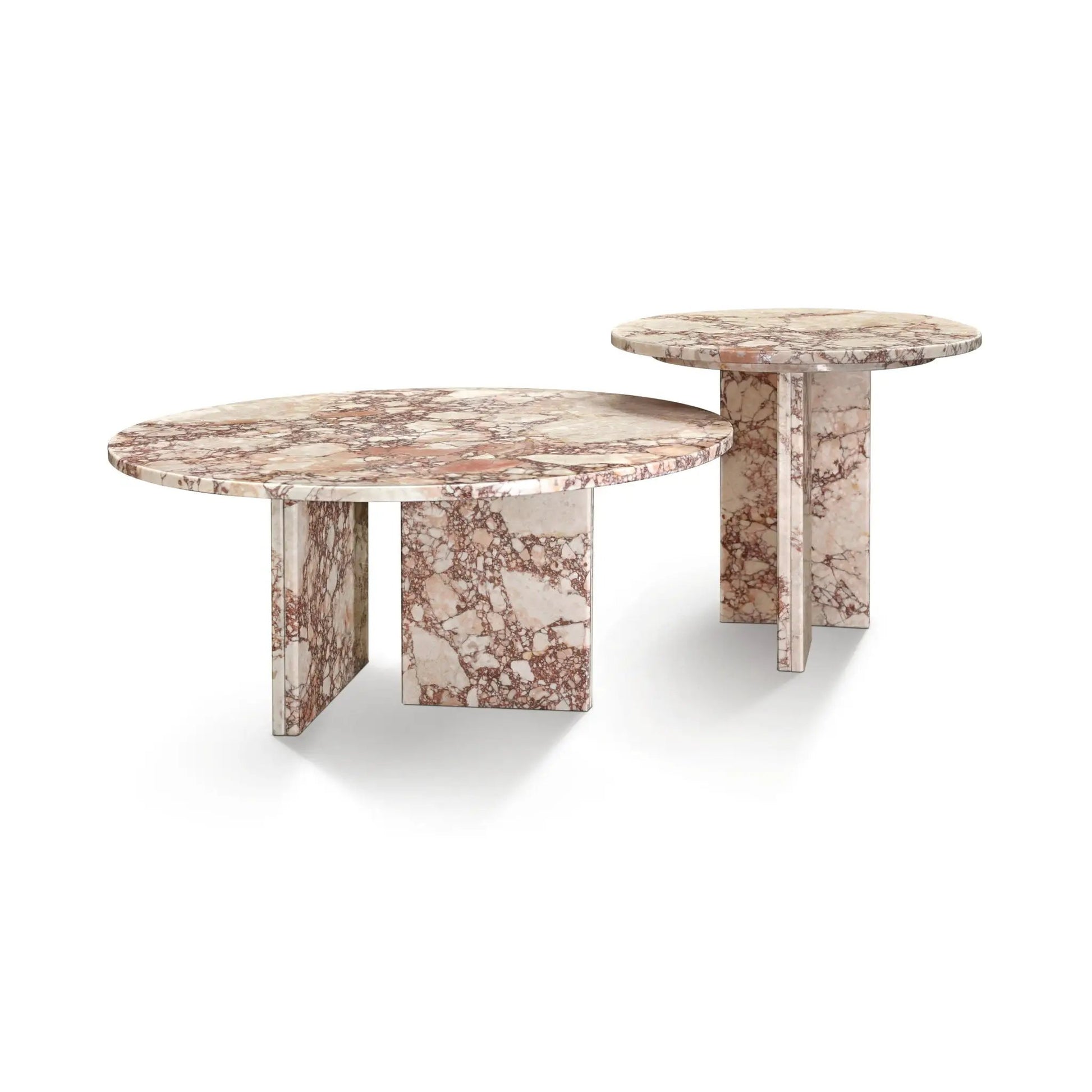 Elegant Coffee Duo Table Set, pair of round pink marble tables with chunky pedestal bases on Tampa Home & Garden Store
