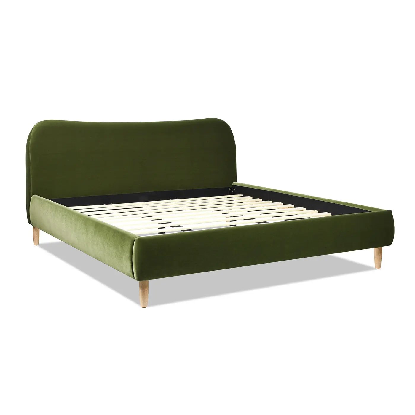 Roman curved headboard upholstered platform bed in olive green velvet with wood legs and slats on Tampa Home & Garden Store