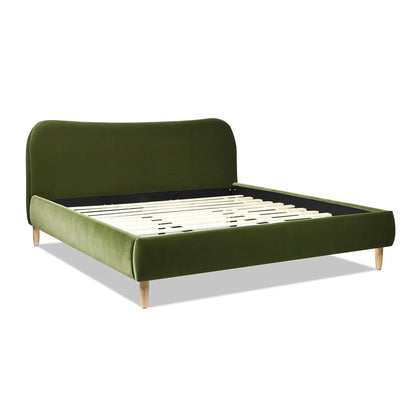 Roman curved headboard upholstered platform bed in olive green velvet with wood legs and slats on Tampa Home & Garden Store