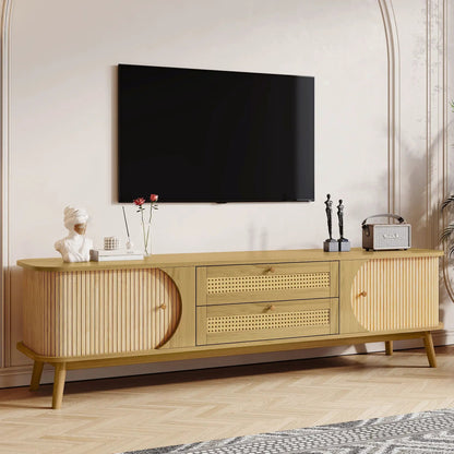 Rattan TV stand natural wood finish with cane-front drawers and curved panels for TVs 75 inches on Tampa Home & Garden Store