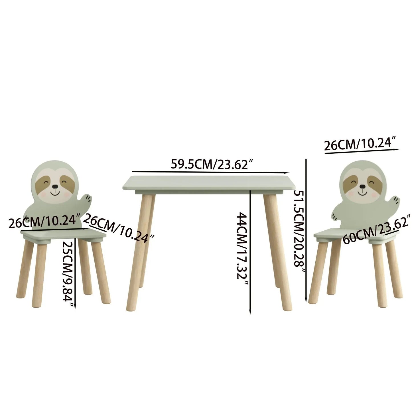 Sloth Themed Table and Chair Set with Two Chairs