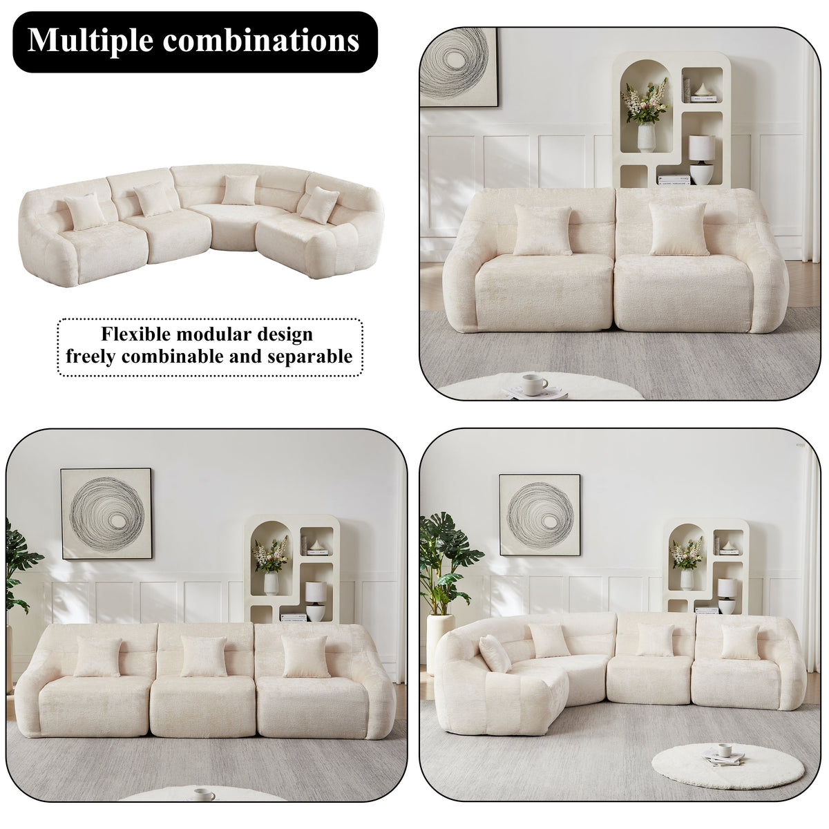 123.2-Inch Modern Luxury Curved Corner Sectional Sofa in beige upholstery modular curved seating on Tampa Home & Garden Store