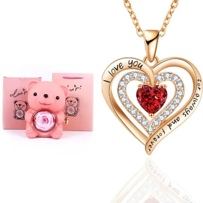 Pink eternal rose teddy bear gift box with rotating rose and gold heart pendant necklace on Tampa Home & Garden Store