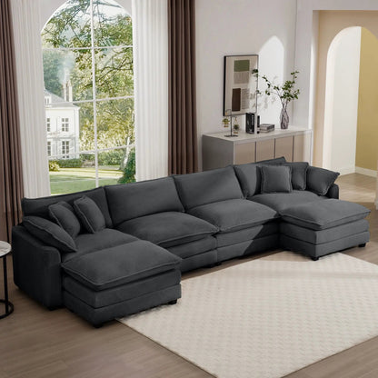 Modern modular cushion sofa with ottoman in gray fabric, deep seating low back 3-piece set on Tampa Home & Garden Store
