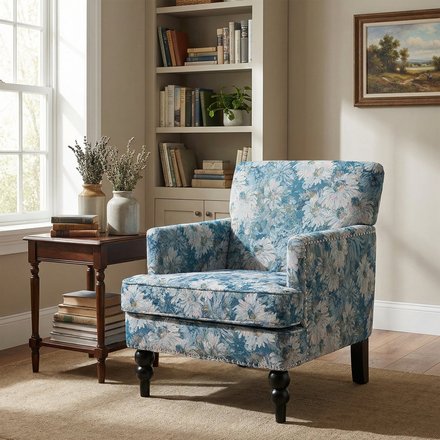 Harrison Tufted Club Chair blue floral fabric with tufted back by HouseOfZazla in a nook on Tampa Home & Garden Store