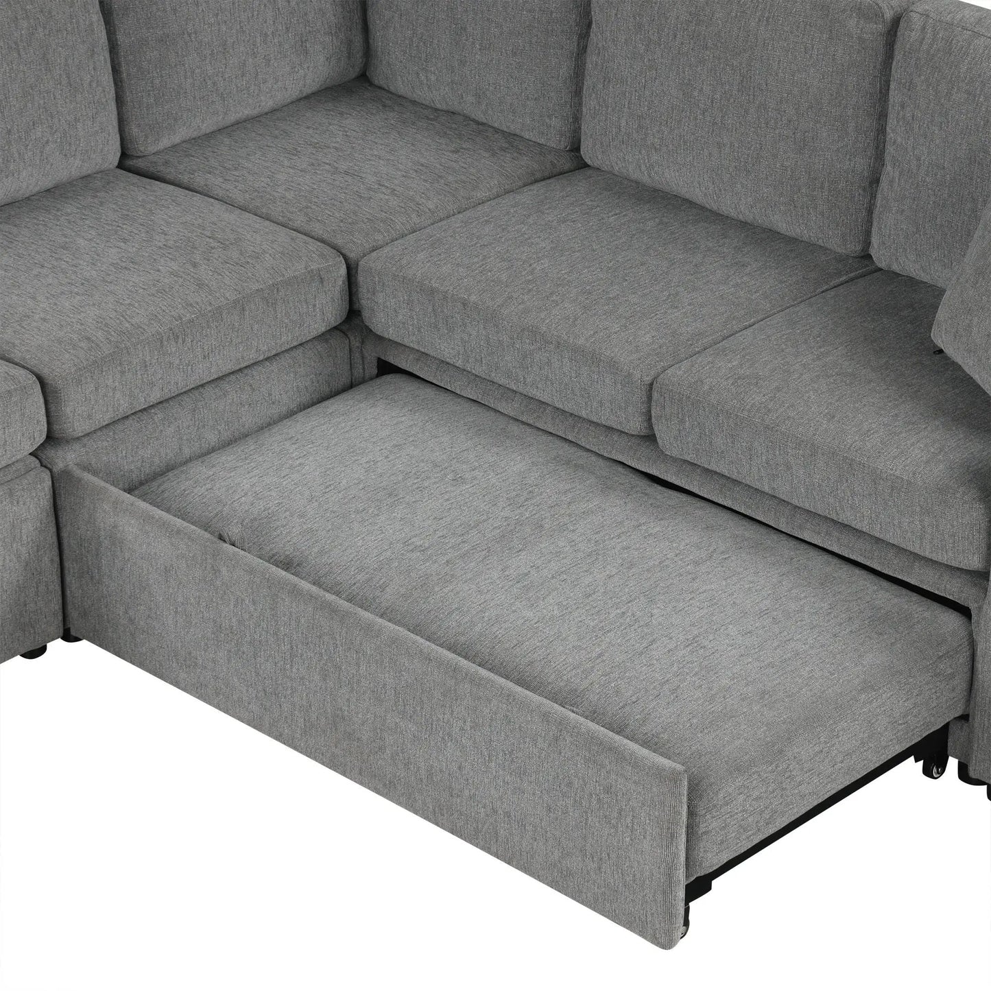 Convertible U-shaped sectional sofa with pull-out bed, gray fabric, 2-piece set on Tampa Home & Garden Store