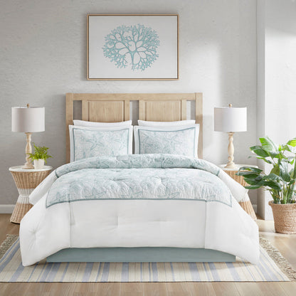 HouseOfZazla Comforter Set White King with pale blue botanical pattern on Tampa Home & Garden Store
