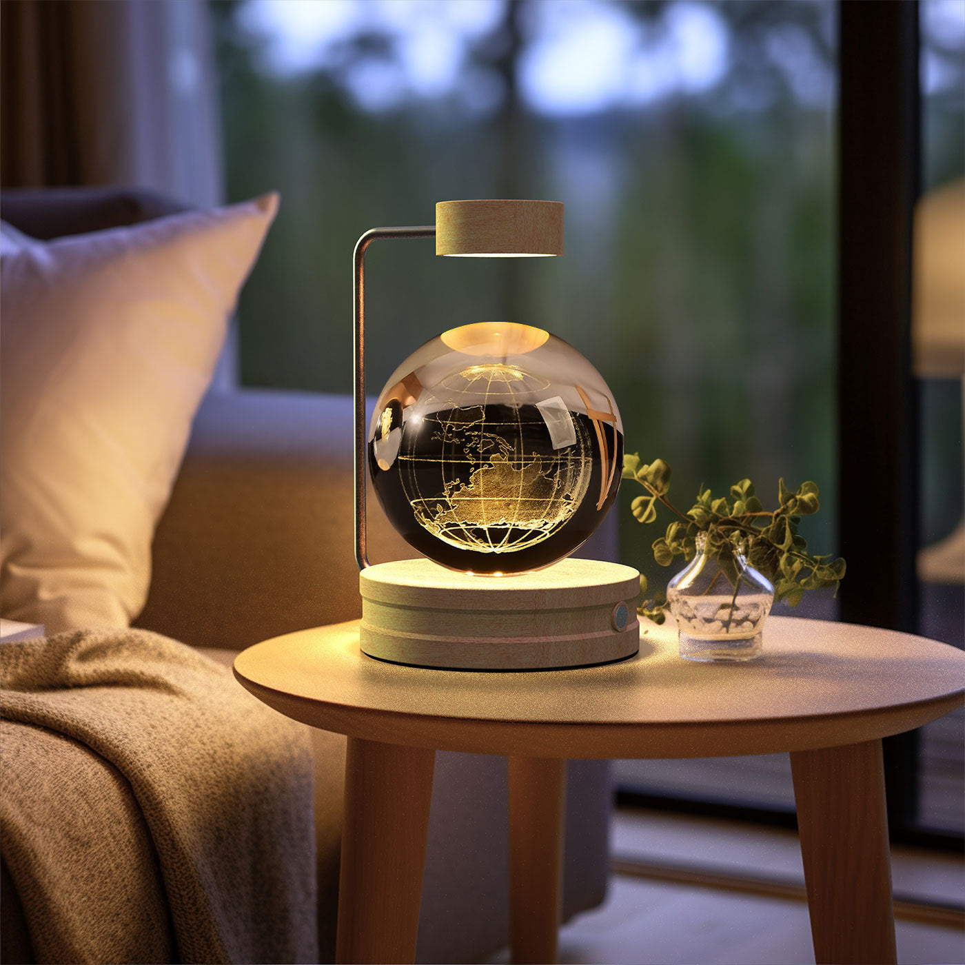 Crystal ball night light with glass globe and gold map, wooden base, USB powered on Tampa Home & Garden Store