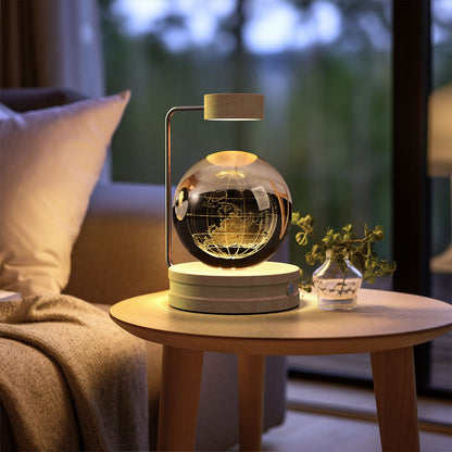 Crystal ball night light with glass globe and gold map, wooden base, USB powered on Tampa Home & Garden Store