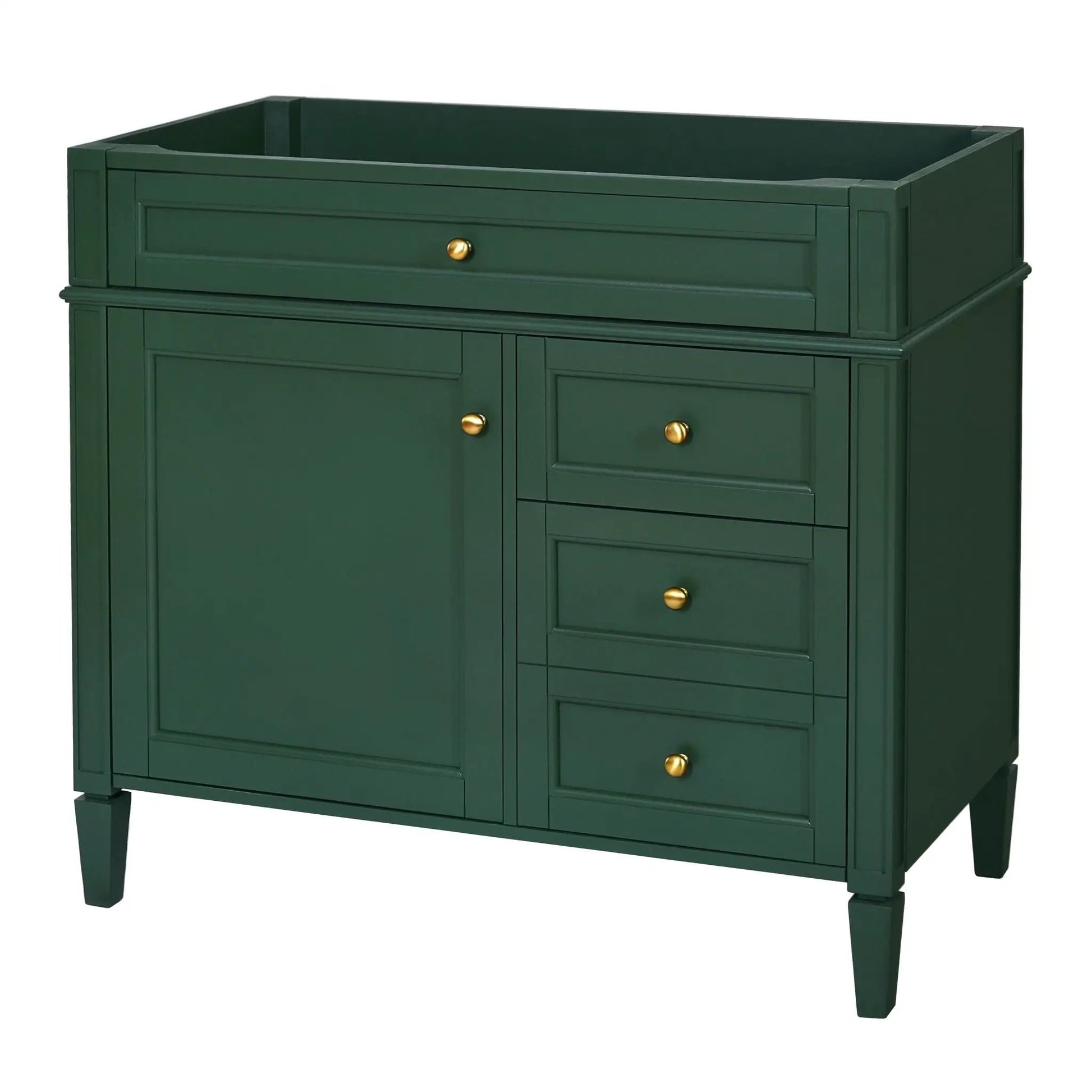 Dark green vanity base with 2 drawers and tip-out drawer brass knobs Unique Piece Furniture on Tampa Home & Garden Store