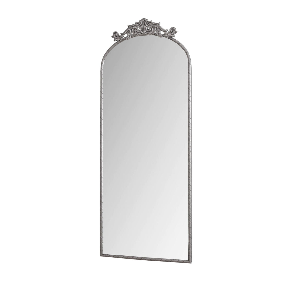 Vintage arched wall mirror with carved applique in bronze or pearl silver finish on Tampa Home & Garden Store