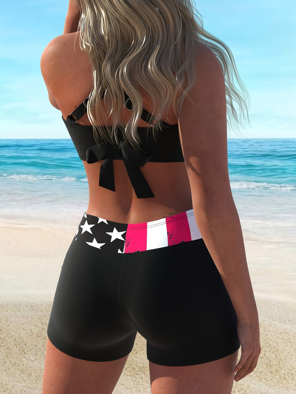 2-piece bikini set with black crisscross halter top and ring back American flag boxer shorts on Tampa Home & Garden Store