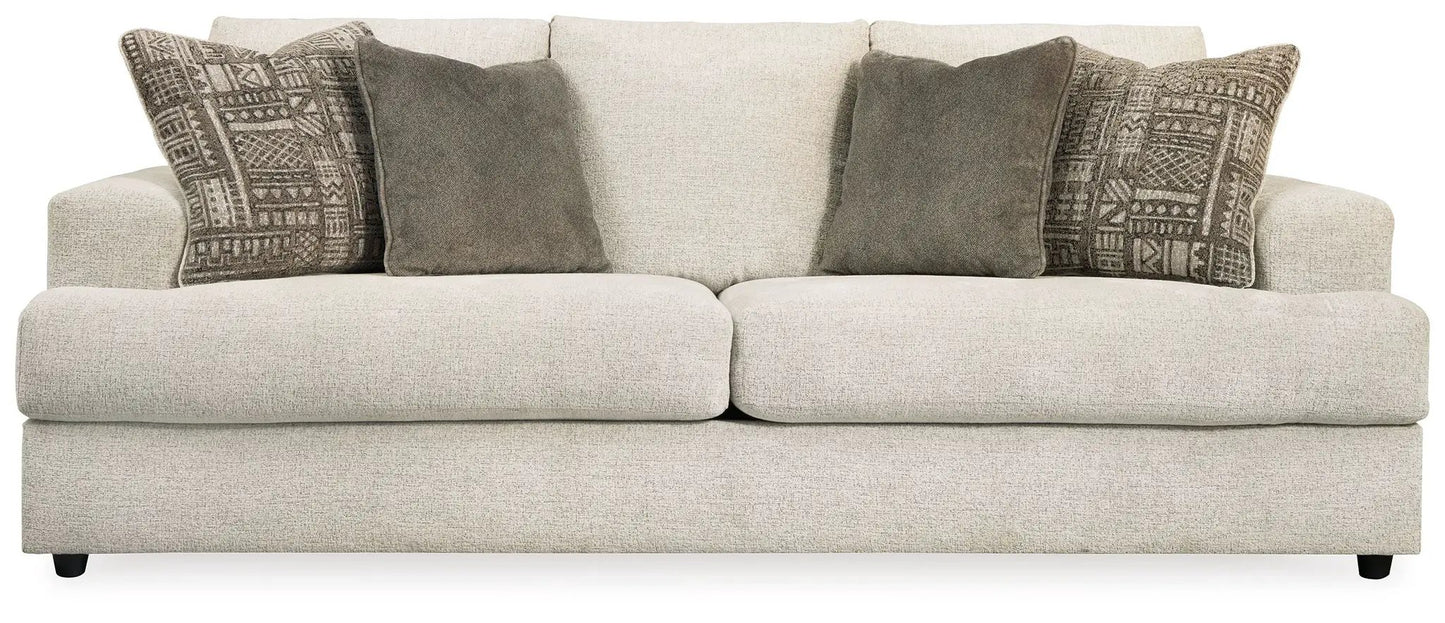 Soletren Sleeper Sofa beige textured upholstery with four cushions (two patterned, two solid) on Tampa Home & Garden Store