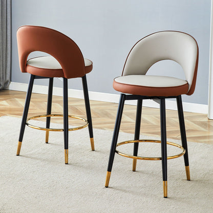 Upholstered rotatable bar chair with black metal legs and gold ring, tan & white seats, 2-pack on Tampa Home & Garden Store