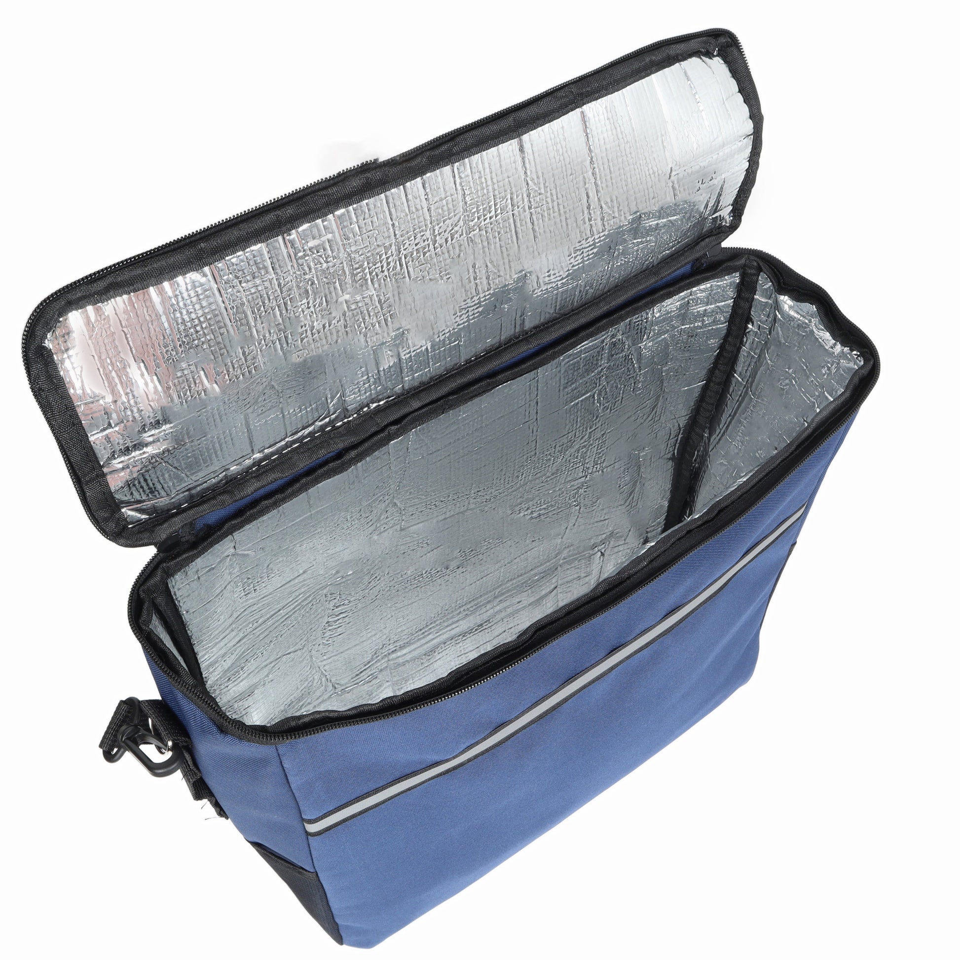 Blue insulated cooler bag with silver foil-lined interior and zip closure on Tampa Home & Garden Store