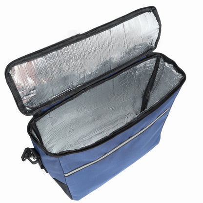 Blue insulated cooler bag with silver foil-lined interior and zip closure on Tampa Home & Garden Store