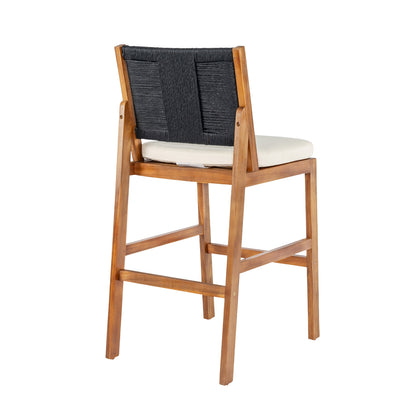 Outdoor acacia wood bar stools set of 2 with black woven backs white cushions by HouseOfZazla on Tampa Home & Garden Store