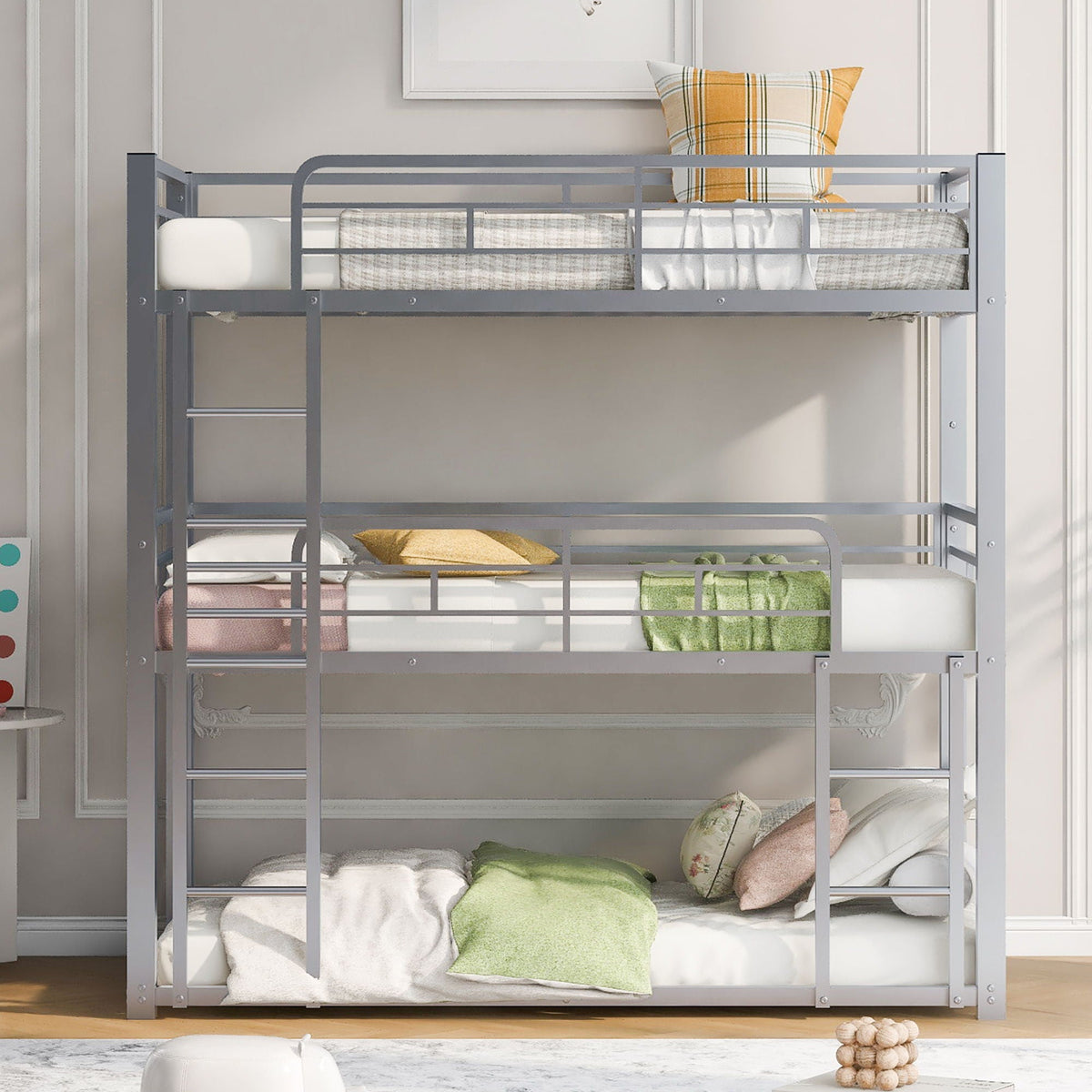 Triple bunk bed frame in gray metal with three sleeping levels and ladder by HouseOfZazla on Tampa Home & Garden Store
