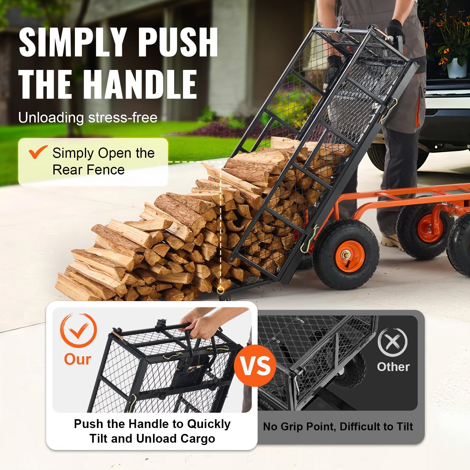 Metal garden dump cart with black frame and handle HouseOfZazla loaded with wood on Tampa Home & Garden Store