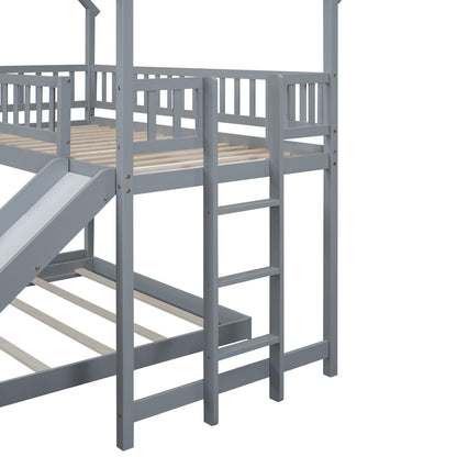 House Bunk Bed With Slide And Built In Ladder gray with wooden slat base on Tampa Home & Garden Store