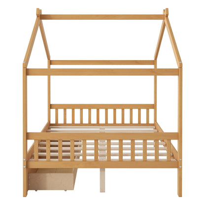 House Style Platform Bed with Roof Design in natural wood frame and built-in storage drawer on Tampa Home & Garden Store