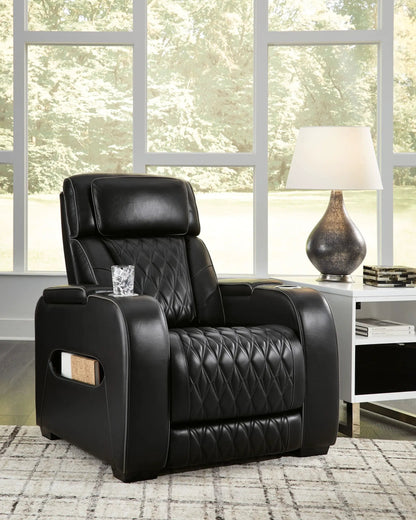 Boyington power recliner adjustable headrest black leather quilted upholstery Unique Piece on Tampa Home & Garden Store