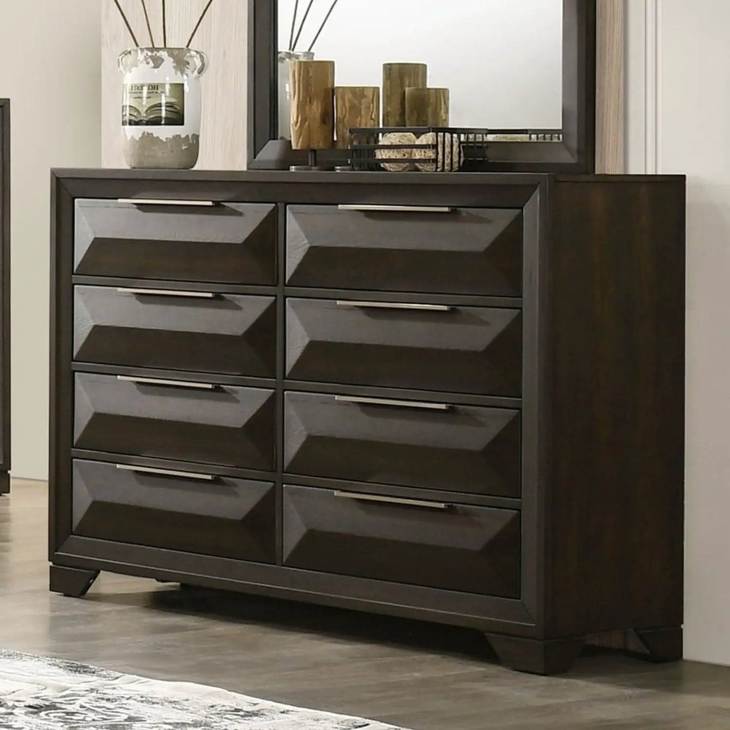 Espresso dresser with mirror featuring 8 beveled drawers and bracket feet on Tampa Home & Garden Store