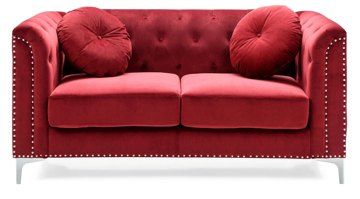 Loveseat red micro suede with tufted back, two bolster pillows, nailhead trim HouseOfZazla on Tampa Home & Garden Store