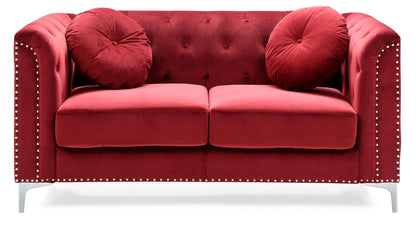 Loveseat red micro suede with tufted back, two bolster pillows, nailhead trim HouseOfZazla on Tampa Home & Garden Store