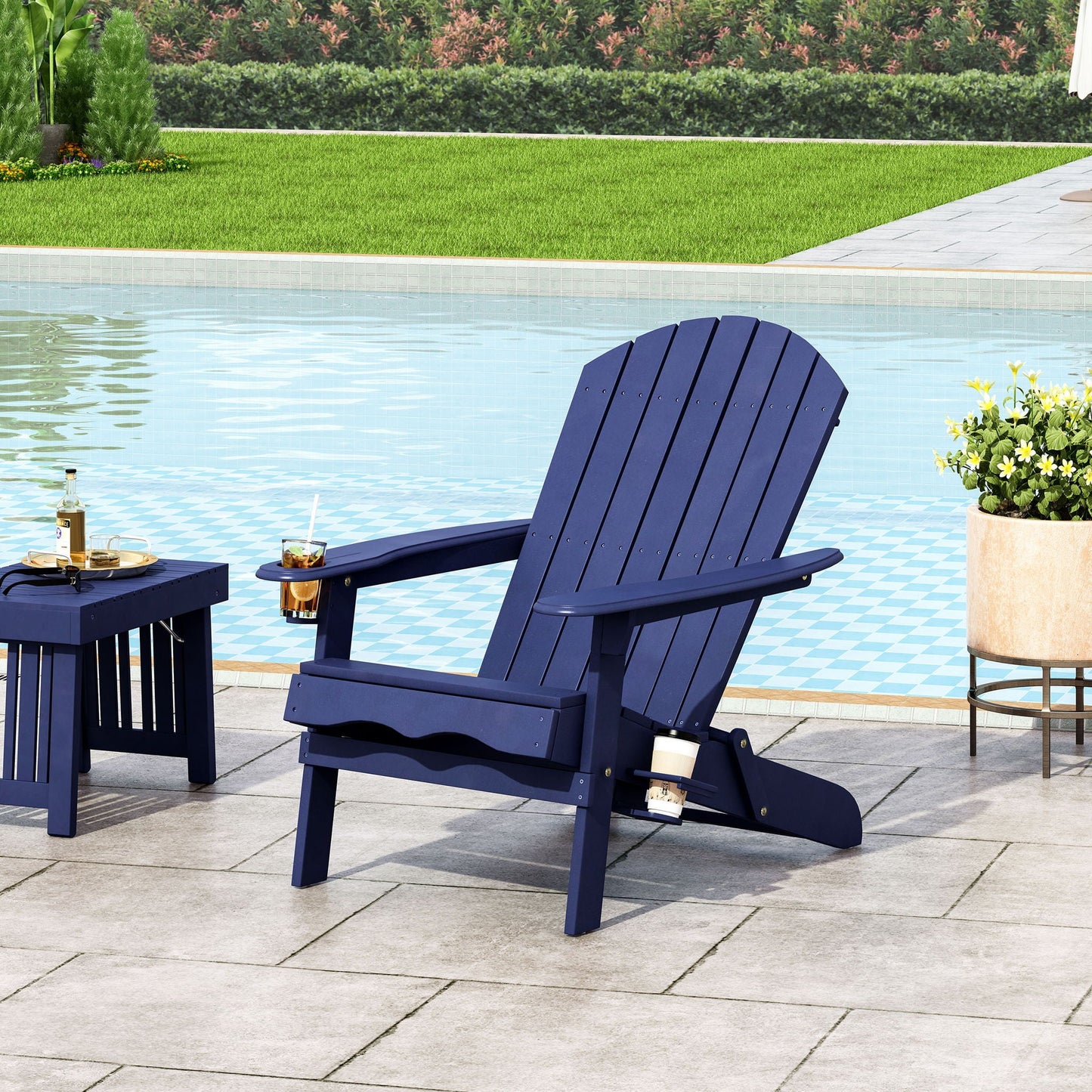 Zenithia Outdoor Foldable Adirondack Chair with 2 Cup Holders navy blue by poolside patio on Tampa Home & Garden Store