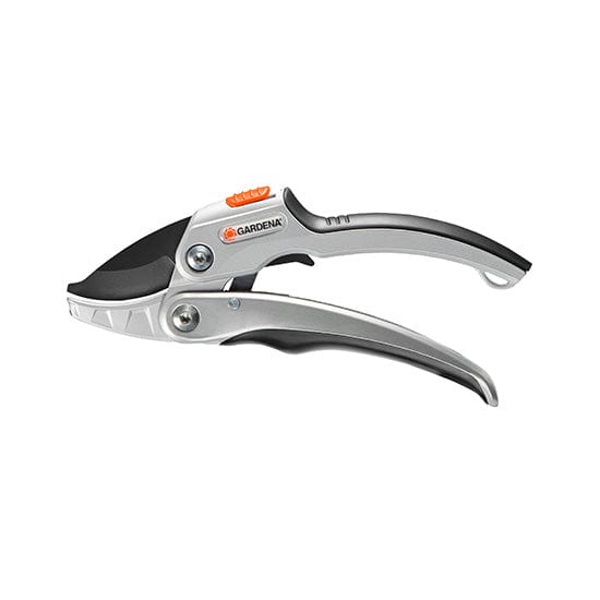 Ratchet Secateurs SmartCut Comfort by Gardena, silver anodized handles with black grips on Tampa Home & Garden Store