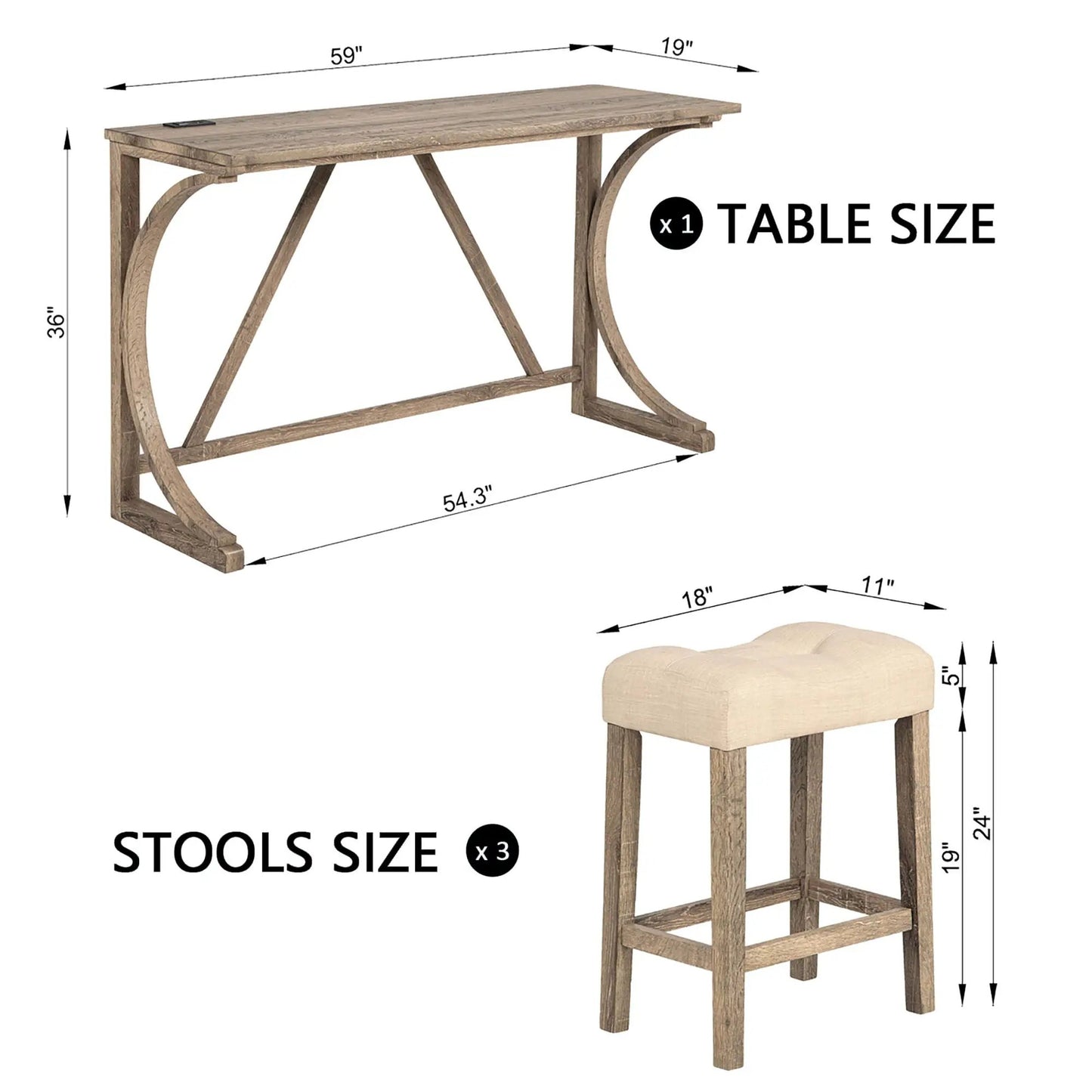 Bar table set with 1 wooden table and 3 beige stools, natural wood, by Unique Piece Furniture on Tampa Home & Garden Store