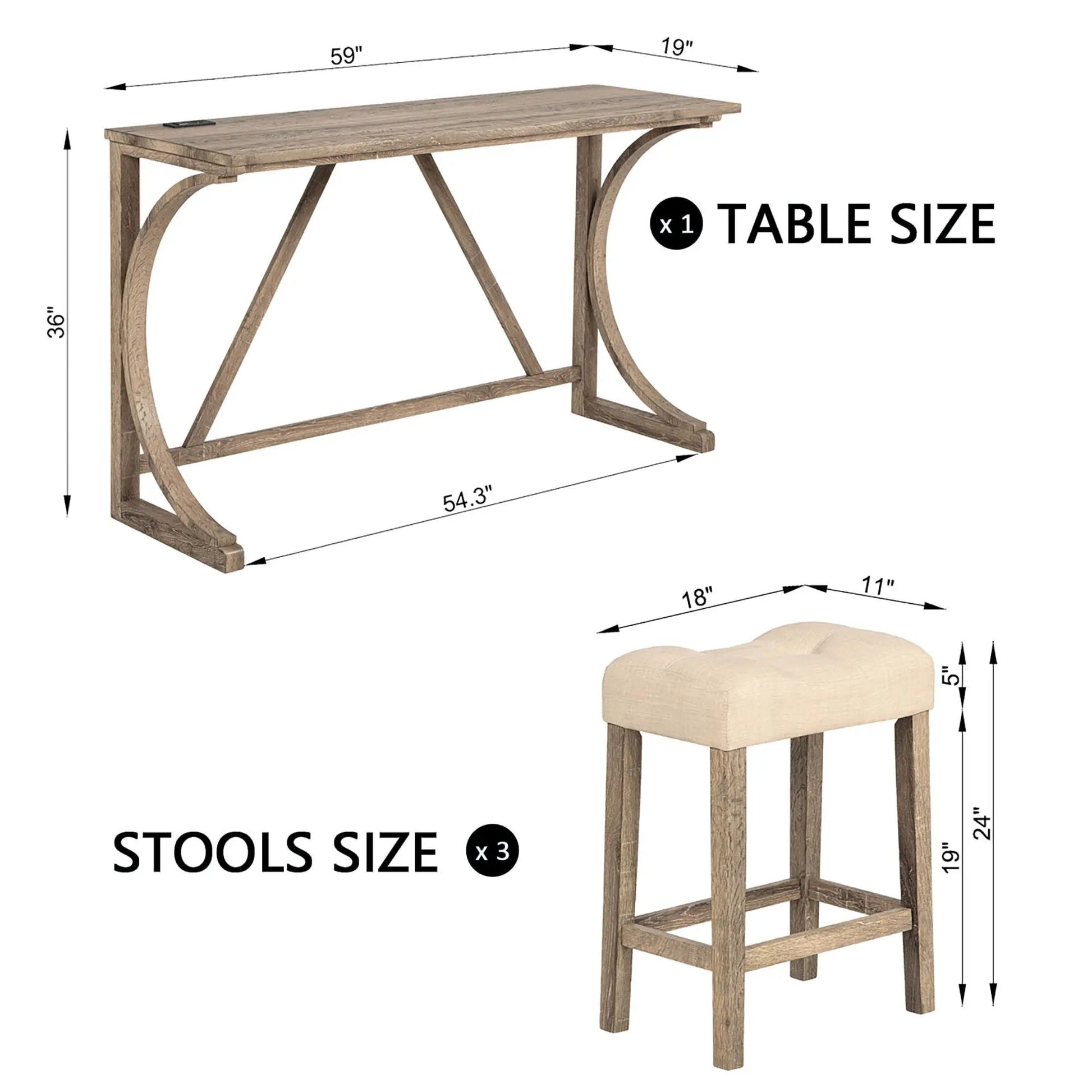Bar table set with 1 wooden table and 3 beige stools, natural wood, by Unique Piece Furniture on Tampa Home & Garden Store