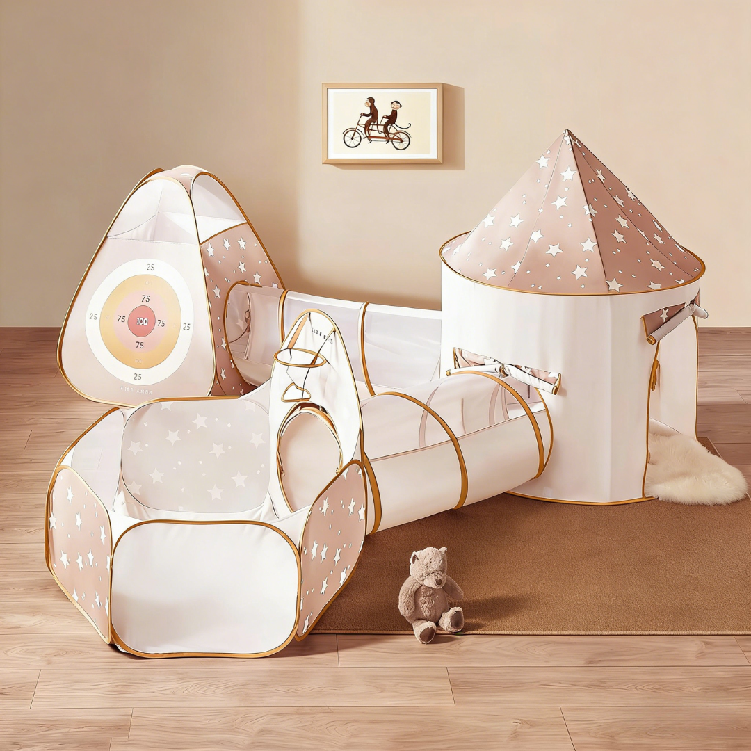 Tiny Land Discovery 5-in-1 Play Tunnel set with cream-pink star-pattern panels, includes tunnel and tents on Tampa Home & Garden Store