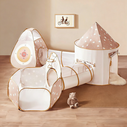 Tiny Land Discovery 5-in-1 Play Tunnel set with cream-pink star-pattern panels, includes tunnel and tents on Tampa Home & Garden Store