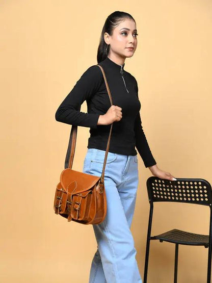 Tan leather sling bag for women with two pockets, crossbody bag by Classy Leather Bags on Tampa Home & Garden Store