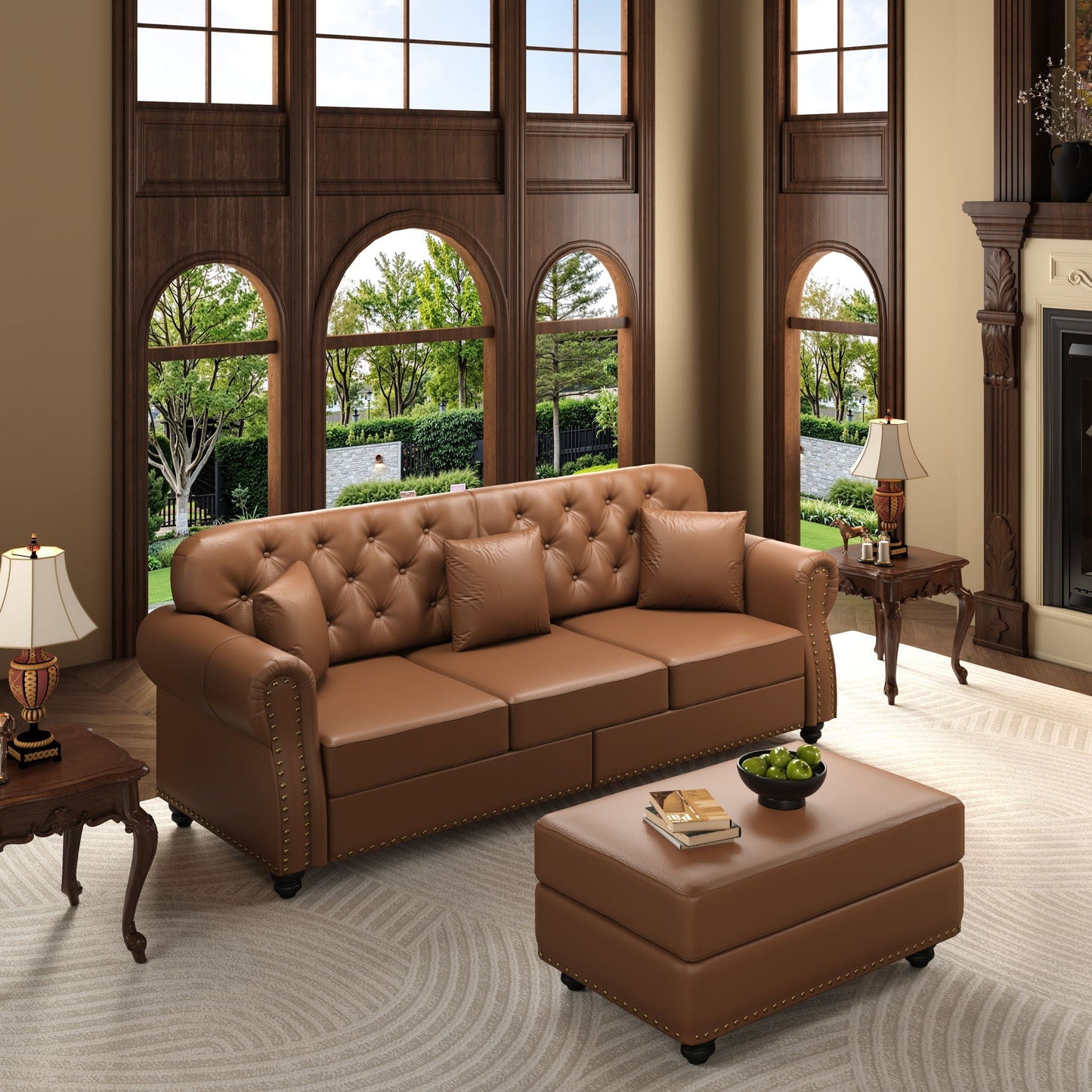 Upholstered Sofa with Nailhead and Ottoman