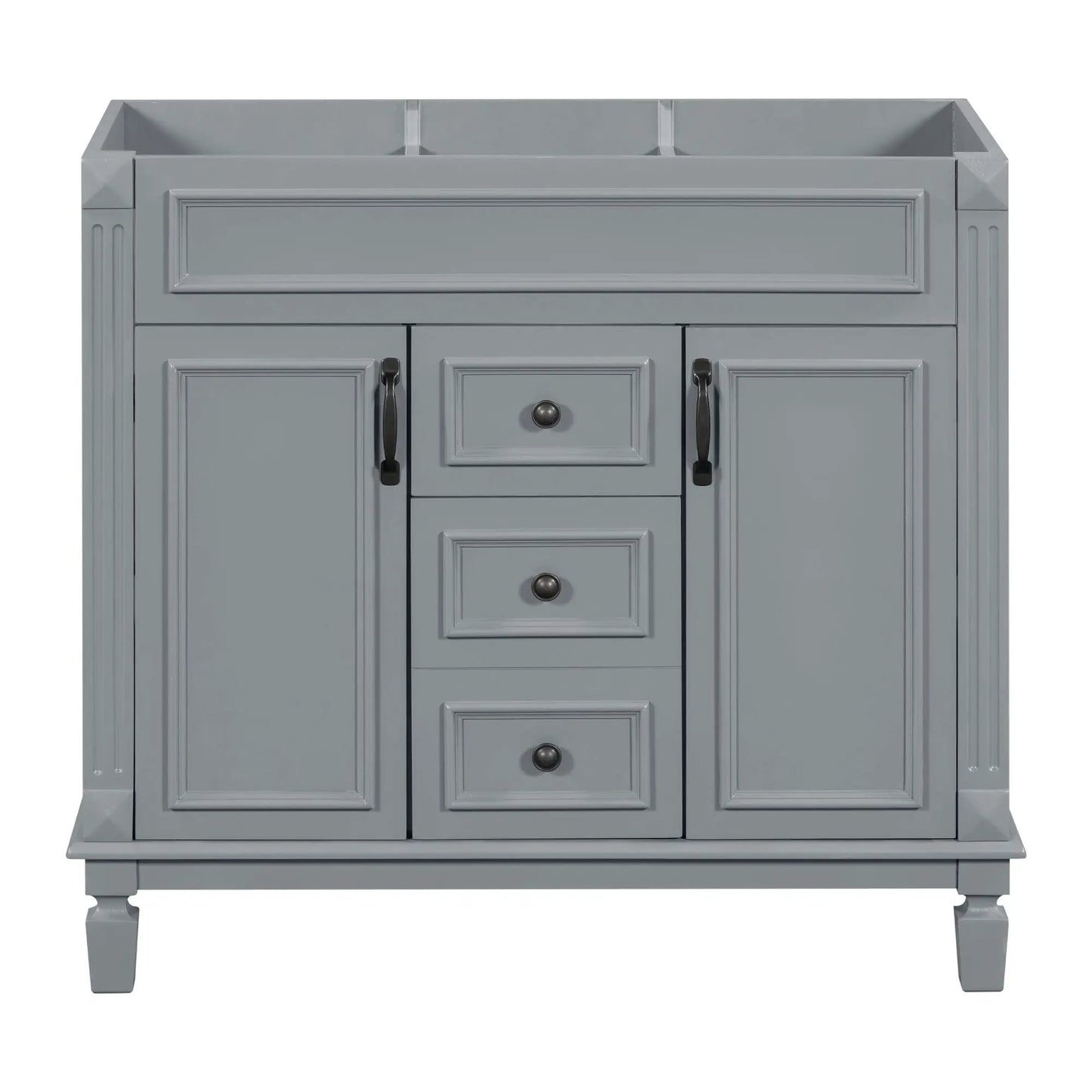 Gray wood bathroom vanity base with raised-panel doors and two drawers on Tampa Home & Garden Store