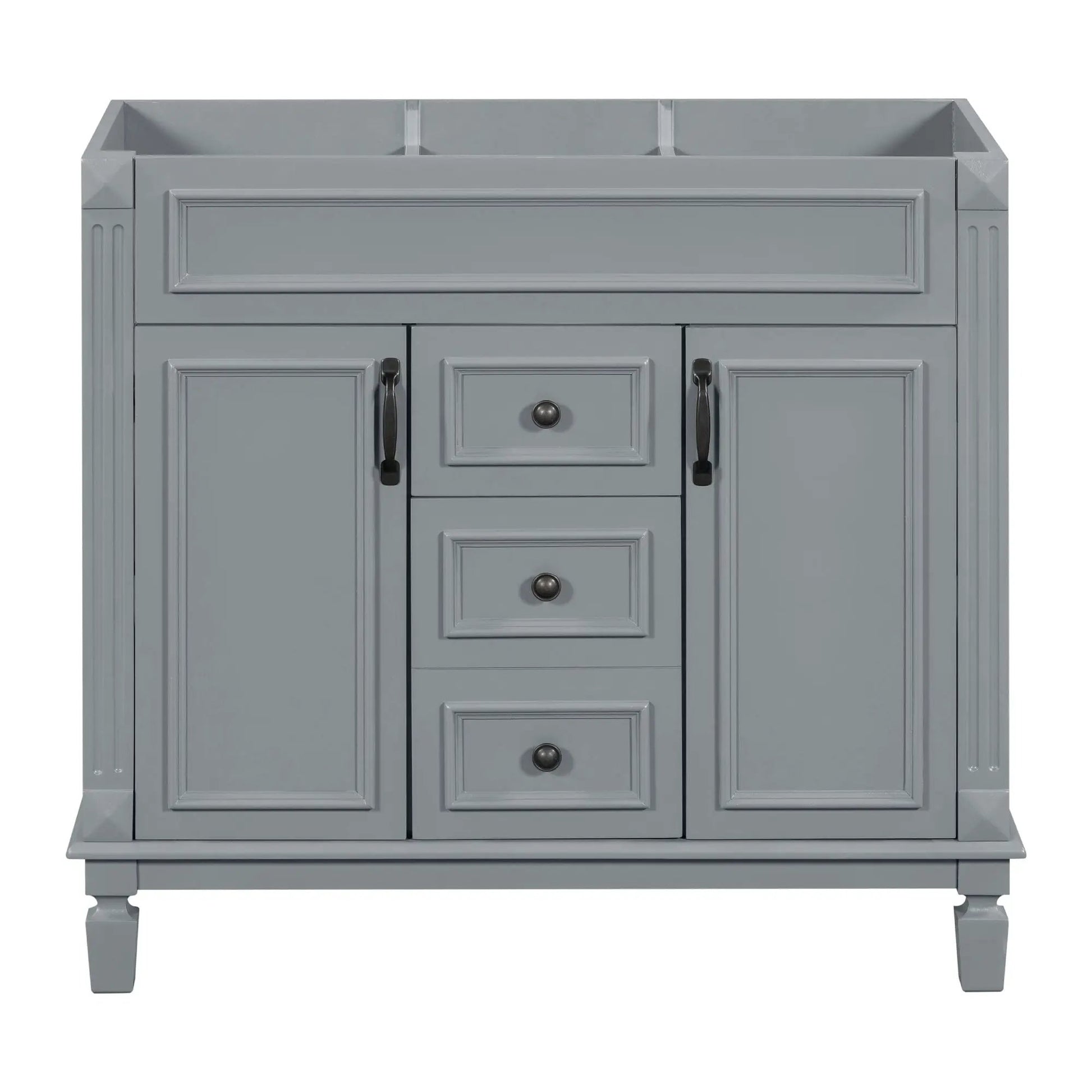 Gray wood bathroom vanity base with raised-panel doors and two drawers on Tampa Home & Garden Store