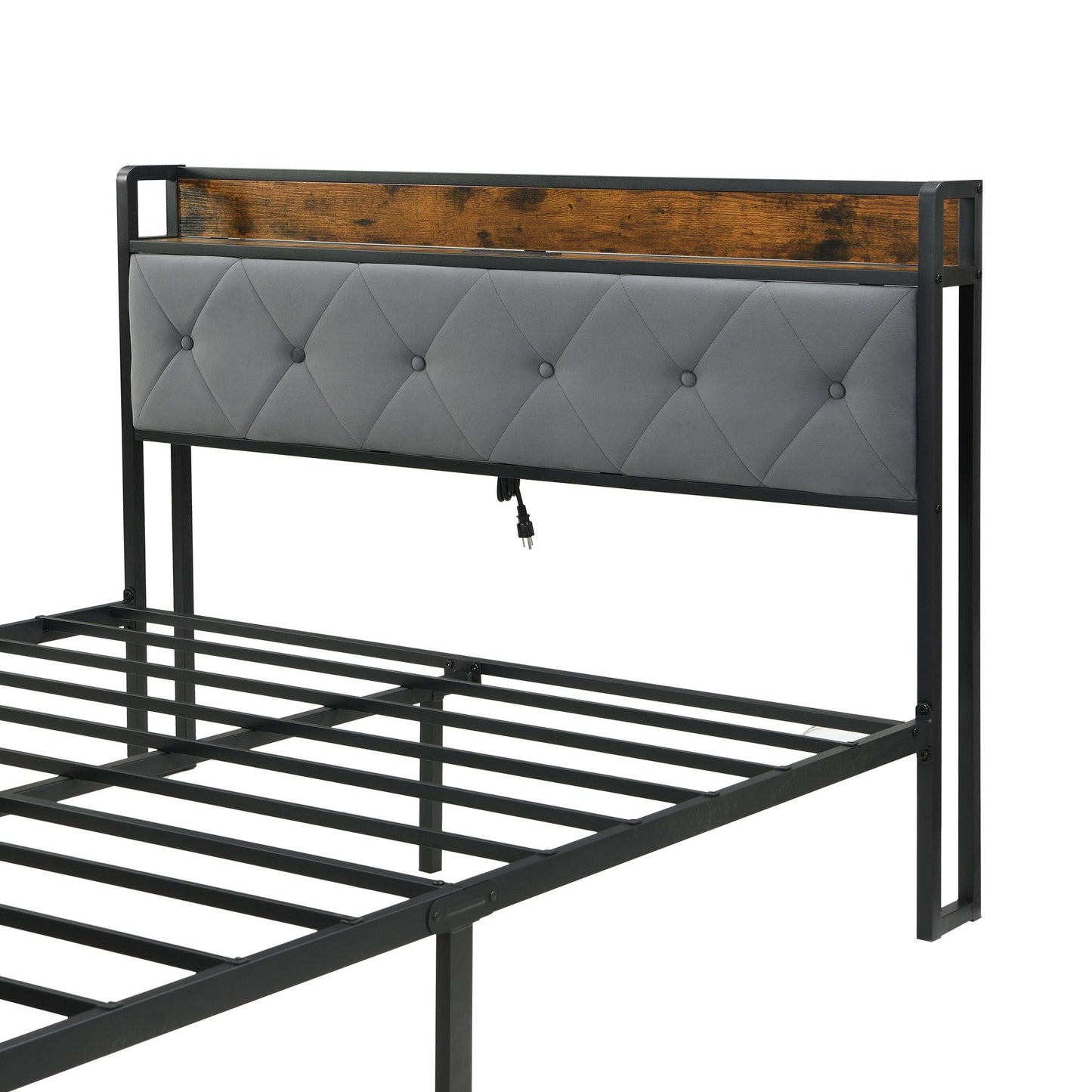 Modern bed frame with upholstered gray tufted headboard, wood back panel and black metal frame on Tampa Home & Garden Store