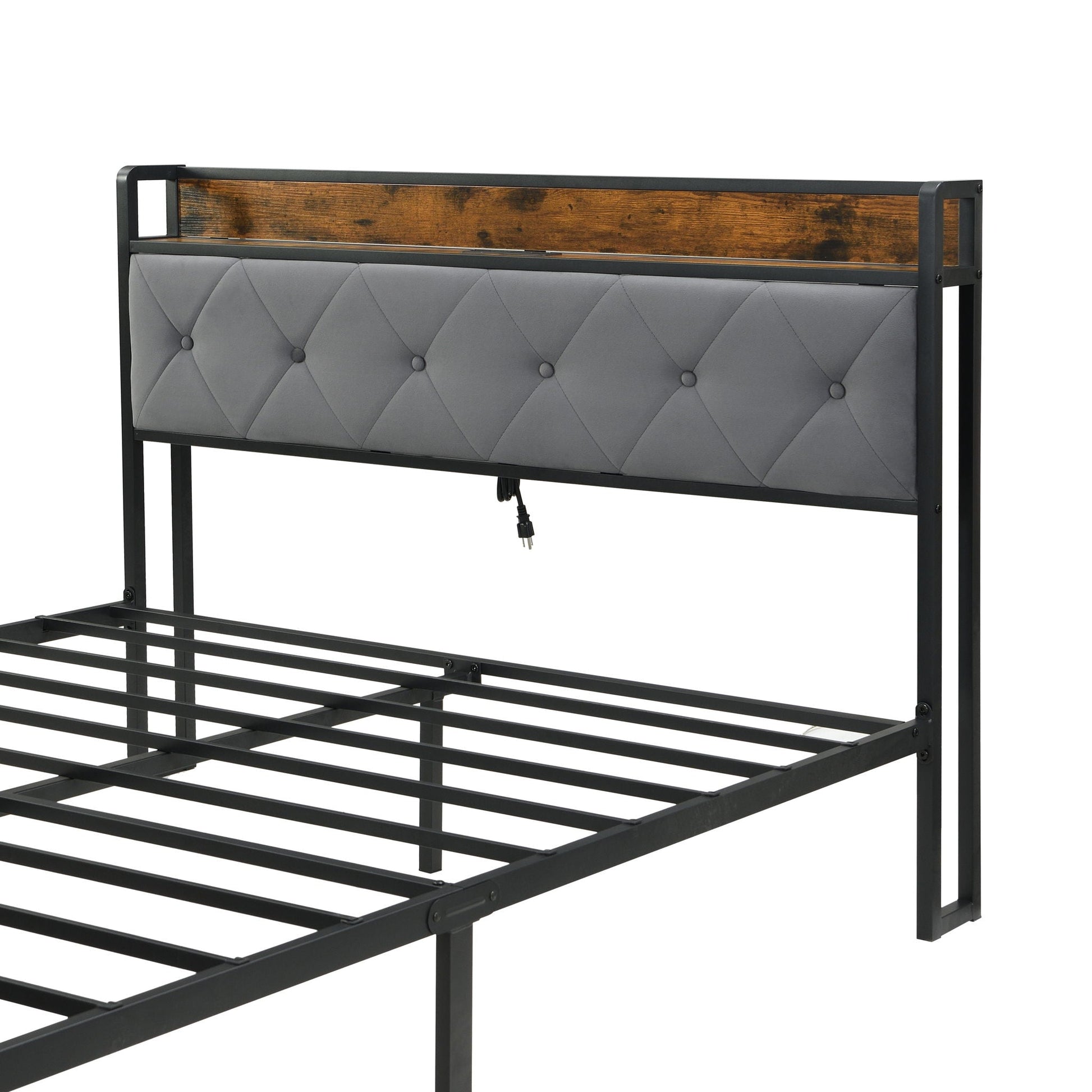 Modern bed frame with upholstered gray tufted headboard, wood back panel and black metal frame on Tampa Home & Garden Store