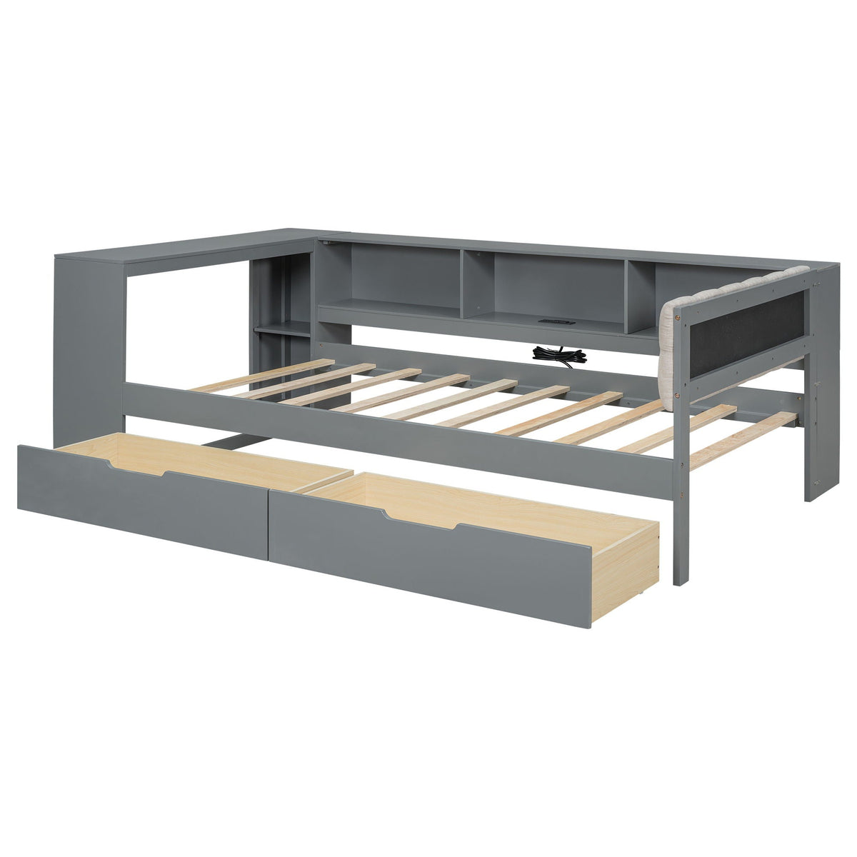 Upholstered headboard platform bed in gray with built-in storage shelves, drawers and charging station on Tampa Home & Garden Store