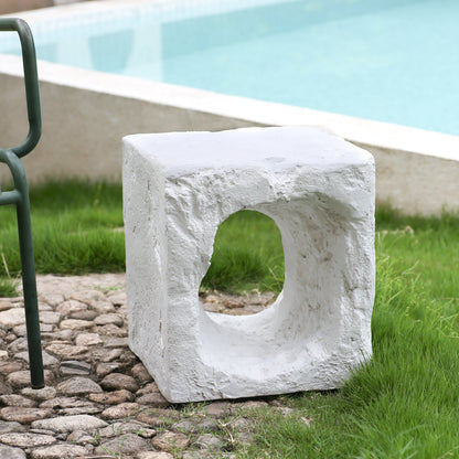 Lyra white MGO outdoor side table with karst cave arches, textured stone look by pool on Tampa Home & Garden Store