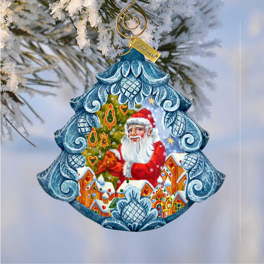 Ornament Santa Frosting the Gingerbread Tree by G. DeBrekht, hand-painted blue ornate frame on Tampa Home & Garden Store