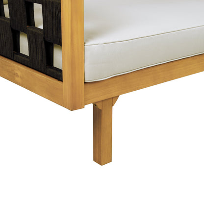 Luxury acacia wood outdoor daybed with beige cushion and dark woven side panels on Tampa Home & Garden Store