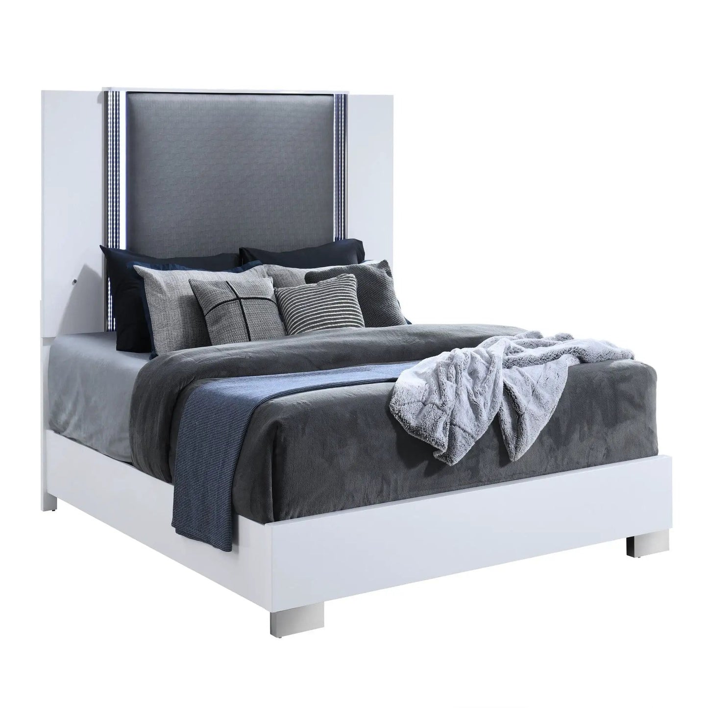Moon panel bed with gray upholstered headboard and LED accents by Unique Piece Furniture on Tampa Home & Garden Store