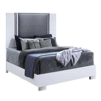 Moon panel bed with gray upholstered headboard and LED accents by Unique Piece Furniture on Tampa Home & Garden Store