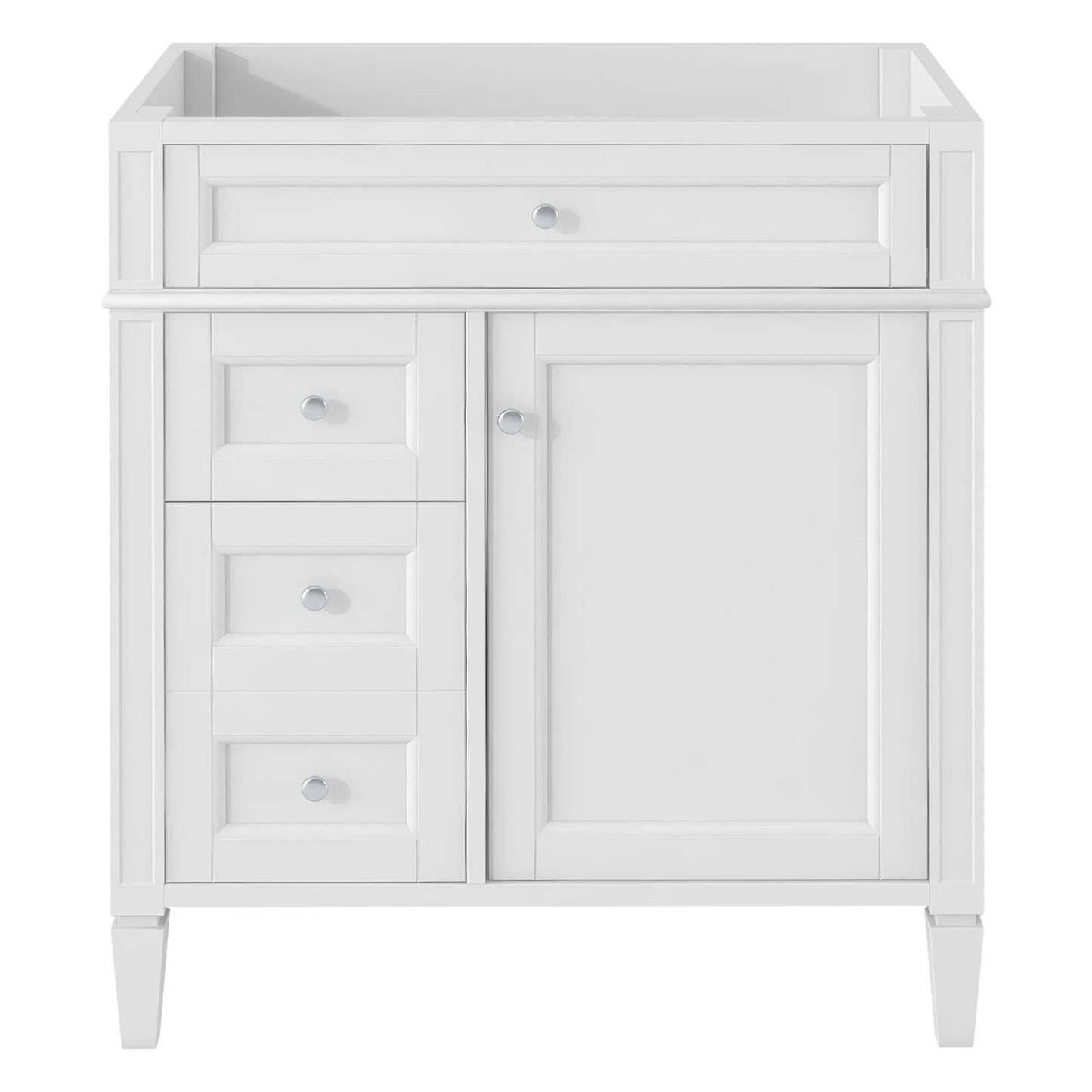 White bathroom vanity base with 2 drawers, tip-out drawer and storage cabinet on Tampa Home & Garden Store