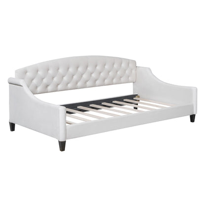Modern tufted daybed in white faux leather with back and buttoned tufting, dark tapered legs on Tampa Home & Garden Store